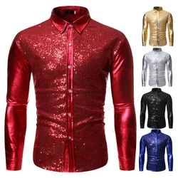 Men's Red Sequins Nightclub Dress Shirt Tuxedo Shirts 2023 Shiny Glitter Men Shirt Slim Fit Camisas Hombre Party Wedding Shirt