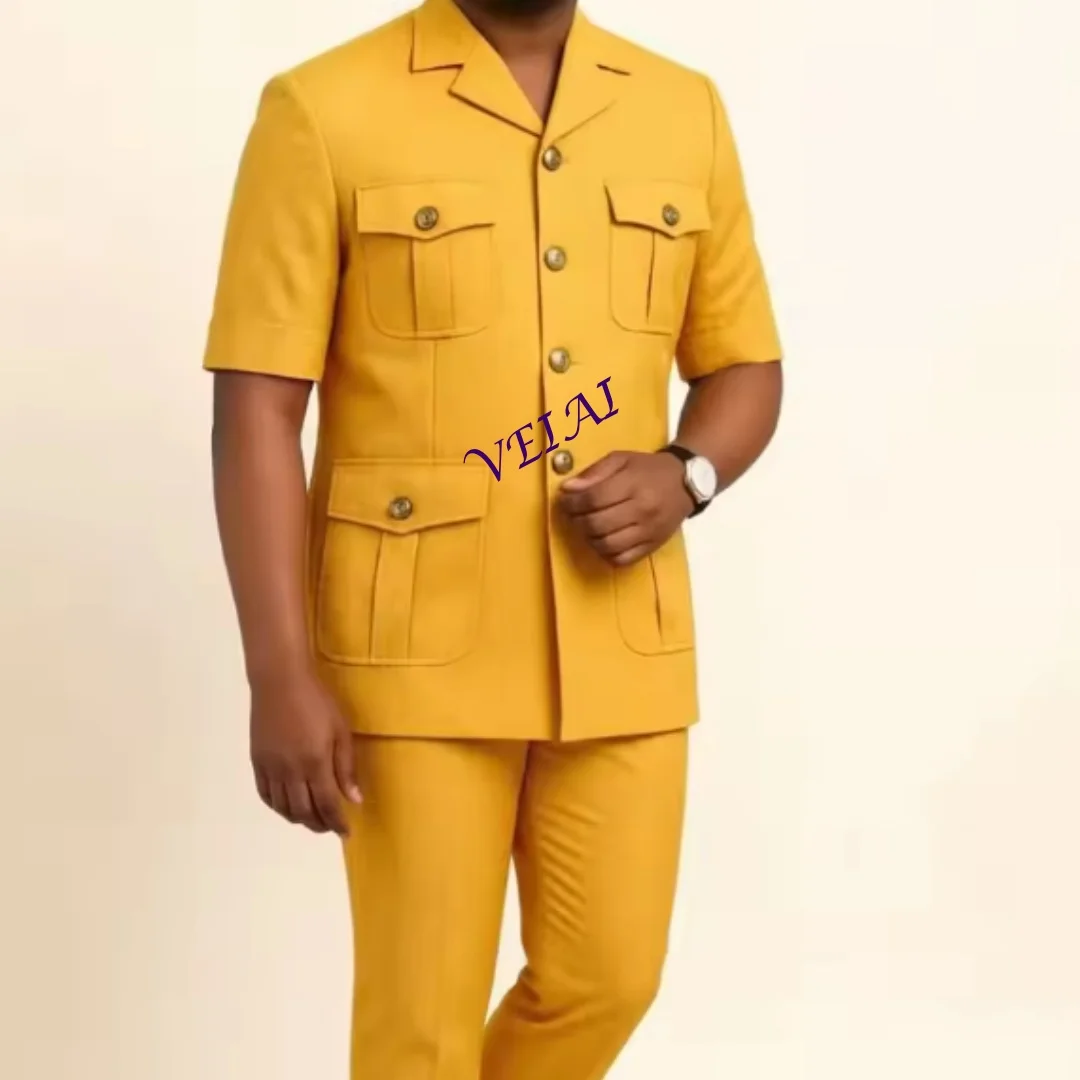 CustomizedSafari Men's Summer Beach Prom Suit Short Sleeve 2-Piece Single-Breasted with Multi Cargo Pockets And Gold Buttons