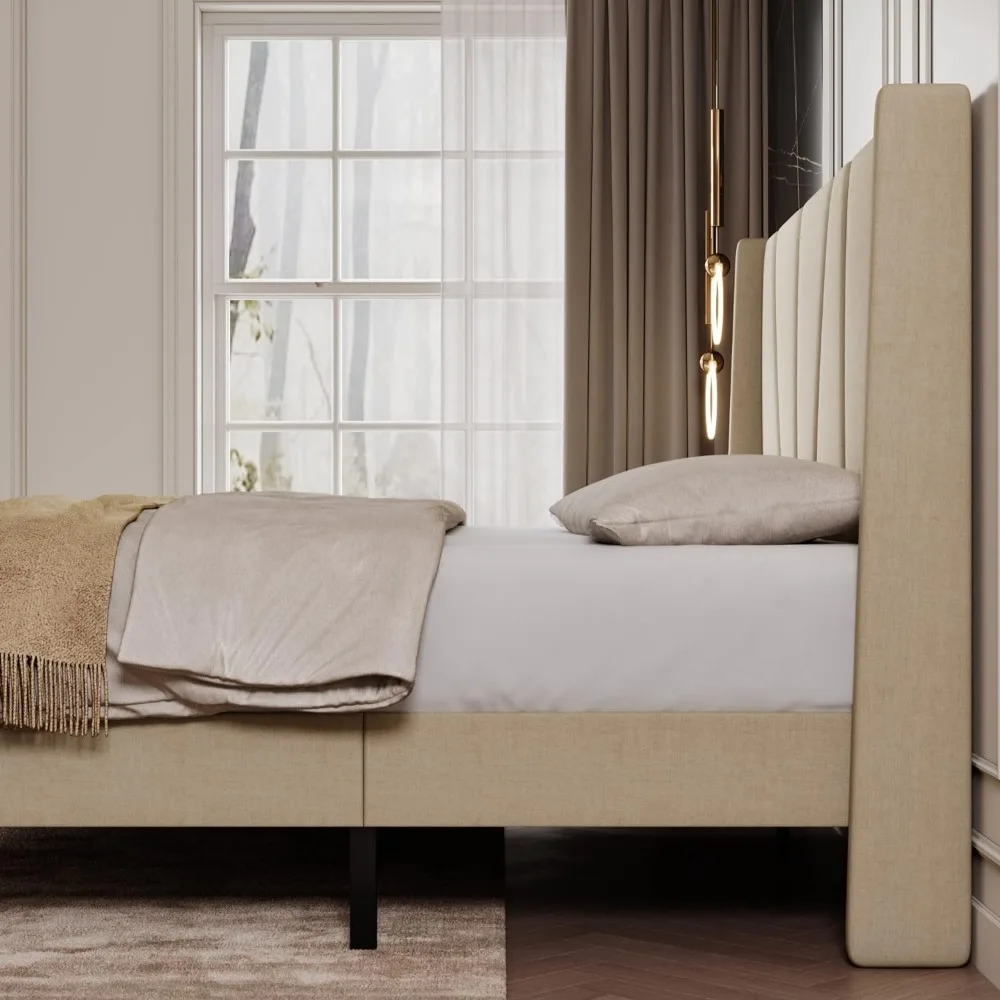 Bett rahmen mit geometrischem Wingback-Kopfteil, gepolstertes Plattform bett mit Holz latten stütze, 8 "Unterbett fläche, geräusch frei