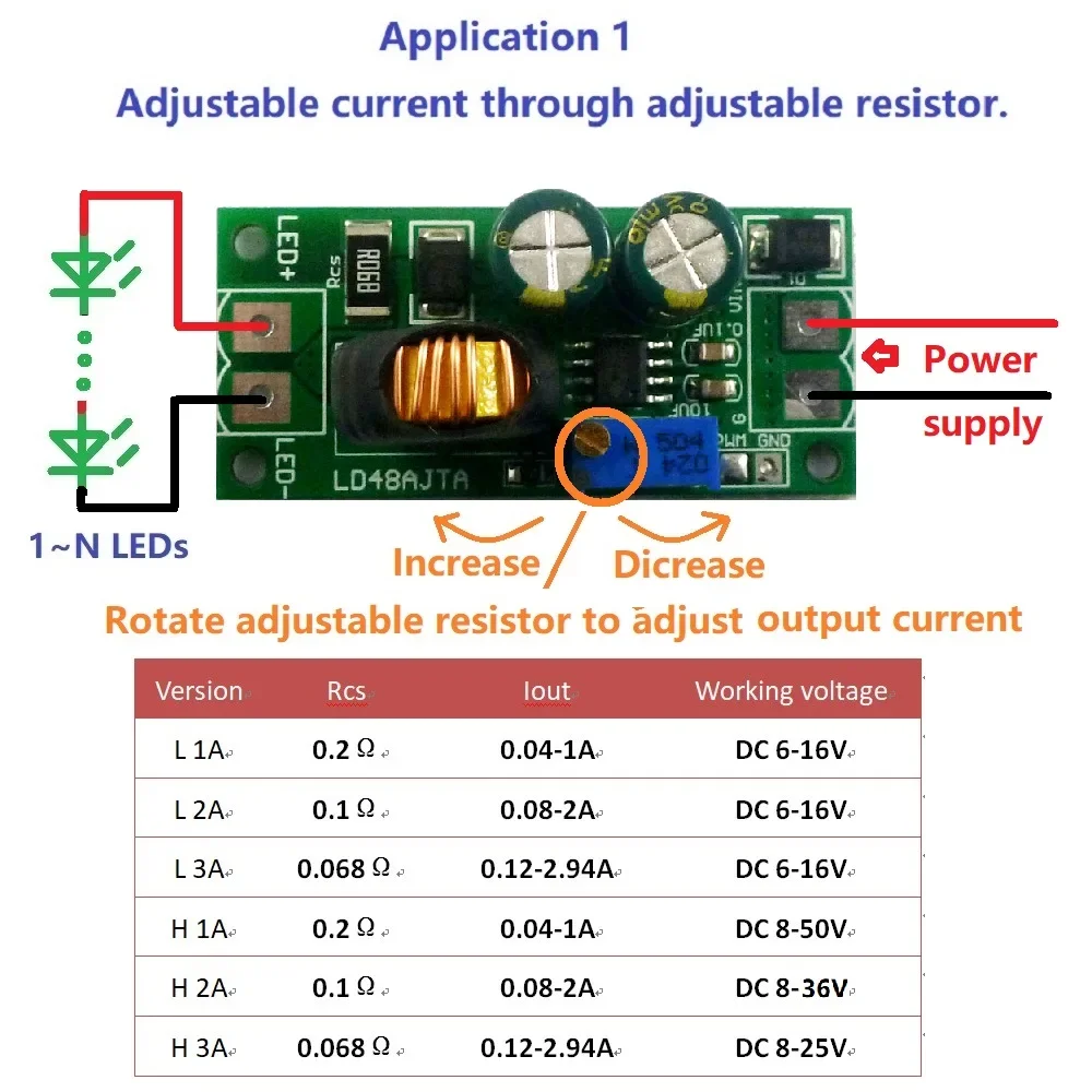 Adjustable LED Driver PWM Controller 72W DC 6-50V 1-3A DC-DC Step-down Constant Current Converter