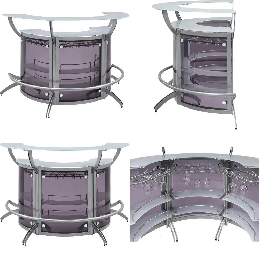 

er Home urnishings - Dallas - 3-Piece Acrylic and Glass Home Bar Cabinet - Curved, reestanding, Glass Shelves, Stemware Rack, Bo