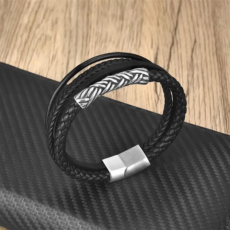 Classic Leather Bracelet Hip Hop Multilayer Leather Bracelets Stainless Steel Magnet Clasp Male Bangle Jewelry Wholesale