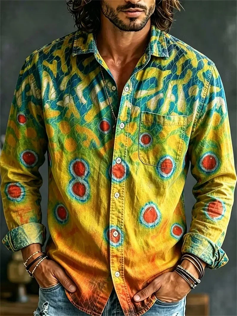 Men's New Chinese Retro Loose Long Sleeved Shirt, Linen Natural Color Ink Wash Bamboo Feather National Style