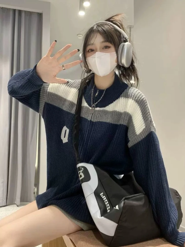 Deeptown Y2k Aesthetic Grunge Knitted Cardigan Women American Retro Streetwear Embroidery Hip Hop Patchwork Sweater Autumn 2024