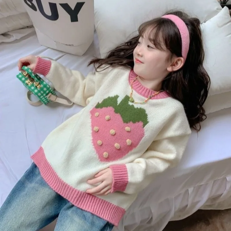 

Strawberry Sweater for Girls 2025 Autumn New Style Trendy Kids Autumn/Winter Knitwear Cozy Hoodie for Little Girls Trendy Top