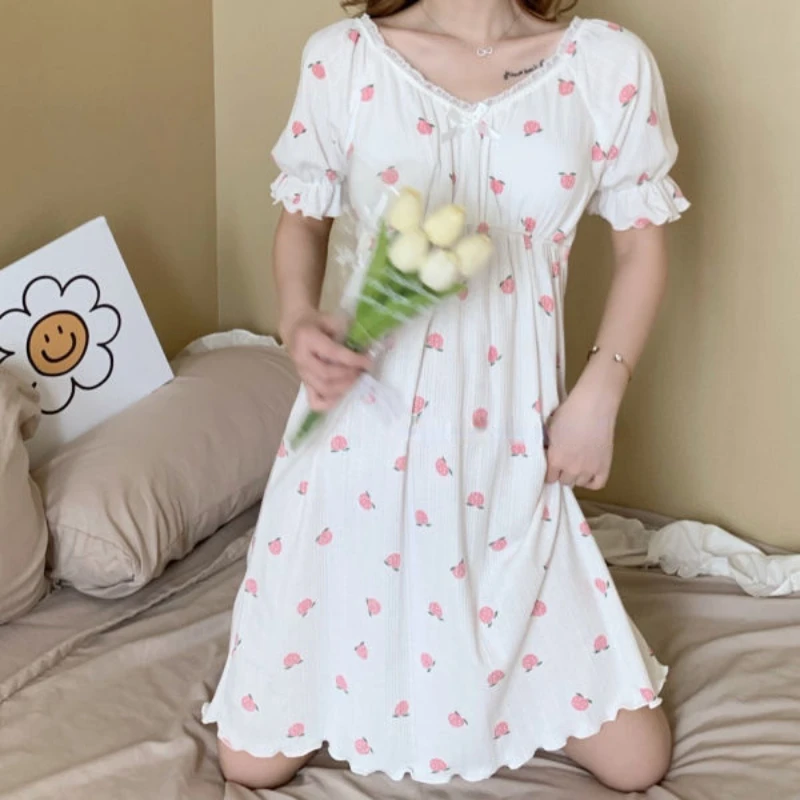 

Mini Nightgowns Women Print Simple Sweet V-neck Sleepwear Korean Style Mujer Breathable Summer Design Fashion Cozy Basic Casual