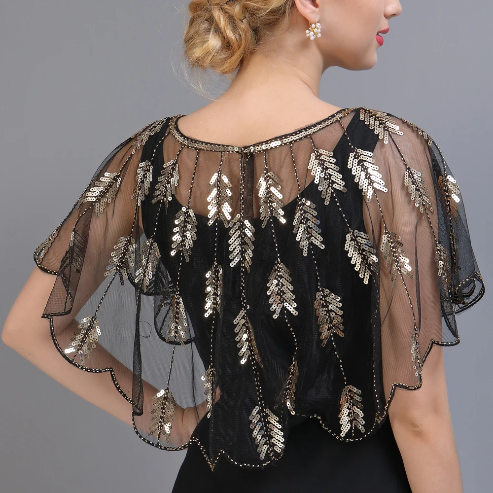 Retro 1920s Beaded Sequin Shawl Vintage Flapper Evening Cape Sheer Mesh Embroidery Leaf Women Bolero Party Accessories