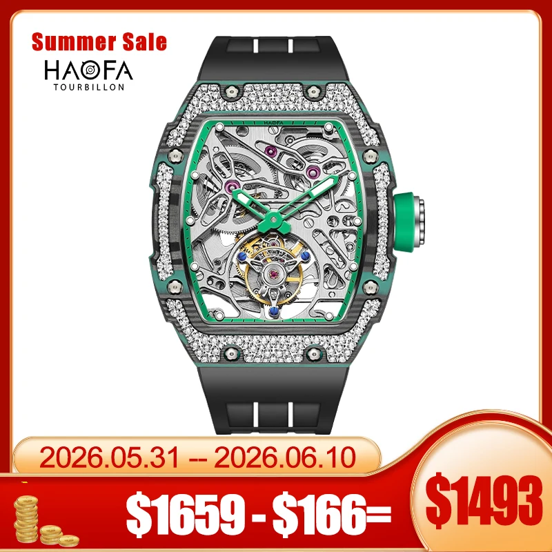 Haofa Automatic Tourbillon Man Watch Carbon Fiber Case Skeleton Mechanical Movement Men's Luxury Watch tourbillon reloj 1901-3