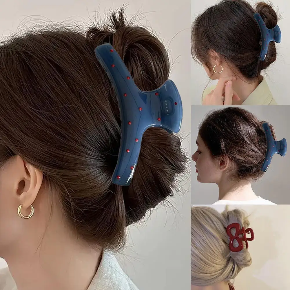 

2Pcs/set Vintage Blue Polka Dot Red Bow Hair Clip Shark Claw Clamp Hairpin Barrette Korean Hair Headwear Accessory For Women