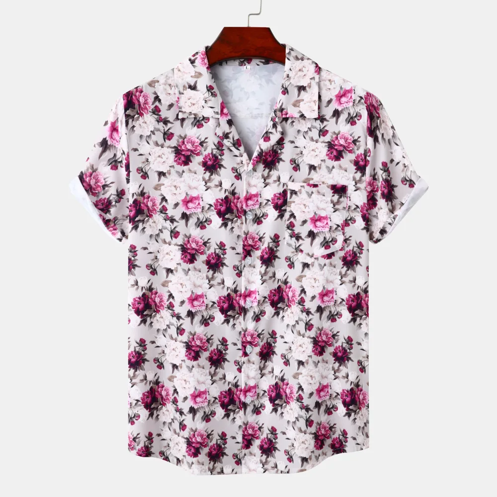 

Pink Rose Floral Print Hawaiian Shirt Men 2023 Summer New Short Sleeve Beach Aloha Shirts Men Holiday Vacation Party Shirt Male
