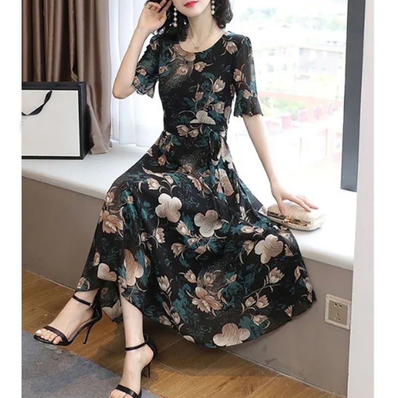 

Floral Print High Waist Lace Up Slim Elegant Fashion Party Dresses for Women Summer Ruffle Short Sleeve Midi Dress Vestidos A14