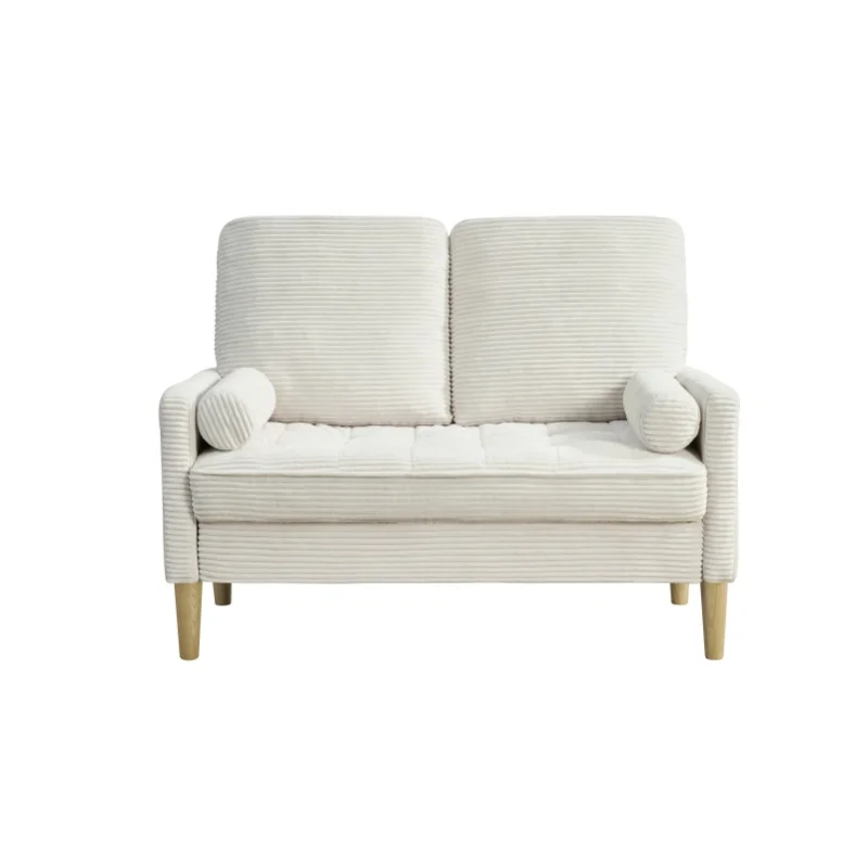 2-Sitzer Cord-Sofa, skandinavisches Stoffsofa mit gepolsterten Kissen und natürlichen Holzbeinen, kompaktes Sofa für Wohnzimmer, Apartment und Schlafzimmer, nordischer minimalistischer Stil, 121x76x87