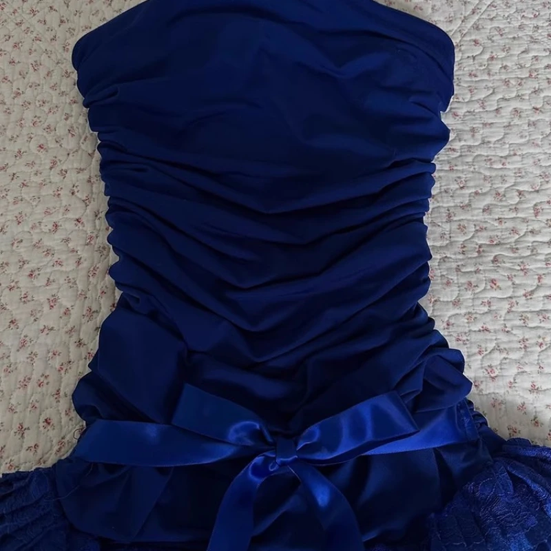 オリジナルレトロ新婦人服 2025 夏ブルーボウチューブトップドレスセクシーな気質ウエスト薄い A ラインショートドレスレディース