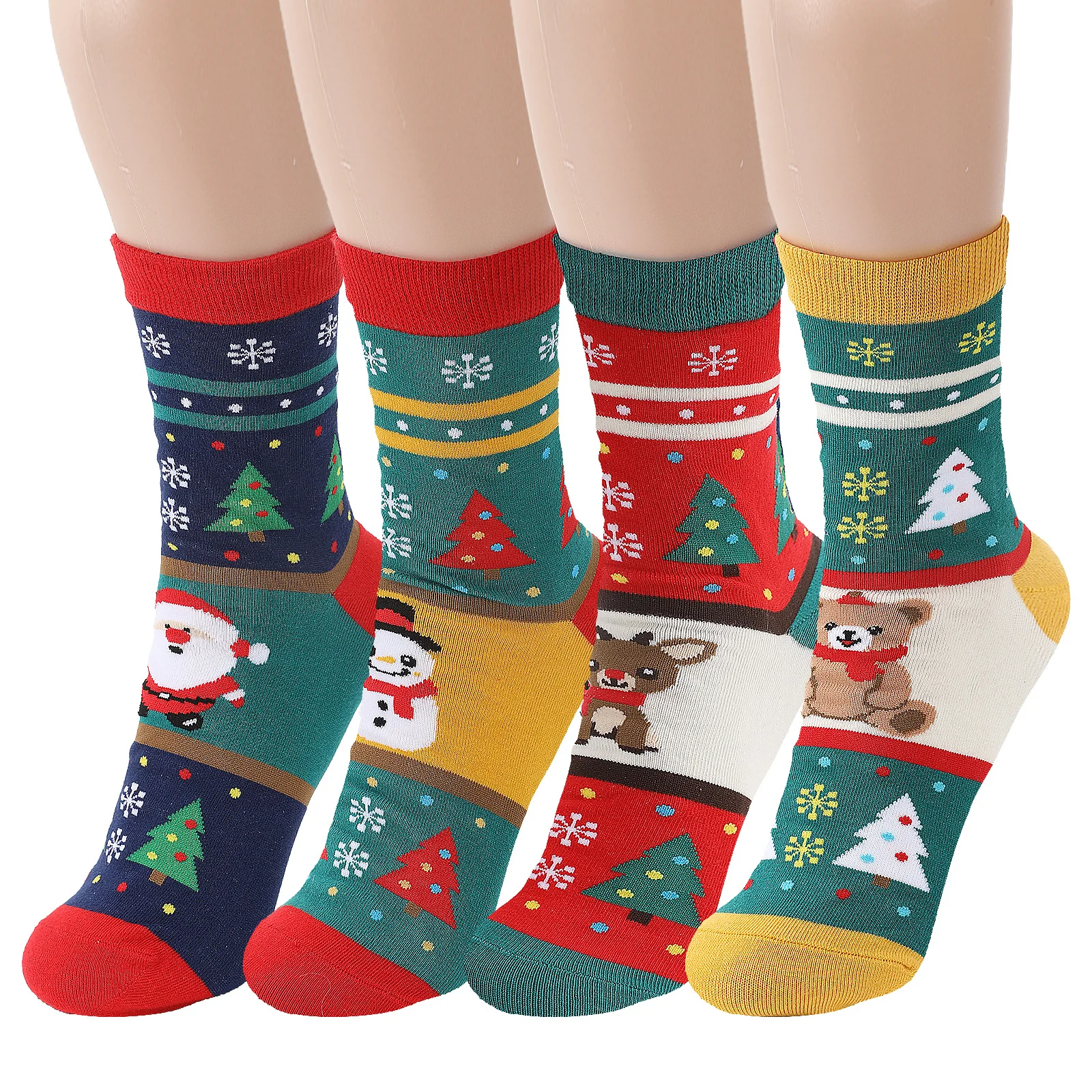 

4 Pairs Christmas Socks for Women Girls Santa Claus Snowman Xmas Tree Socks Fall Winter Crew Socks Cosplay Christmas Gifts