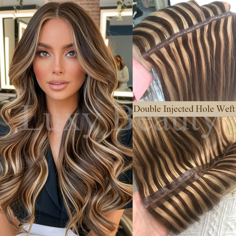 Balayge Double Injected Hole Weft Human Hair Extensions Straight Twin Tab Weft Hair Natural Black Brown Invisible XO Hole Weft