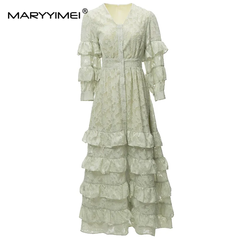 

MARYYIMEI New Fashion Runway Designer Women's V-Neck Ruffled Long-Sleeved Embroidery Single Breasted Cardigan Gauze Dress