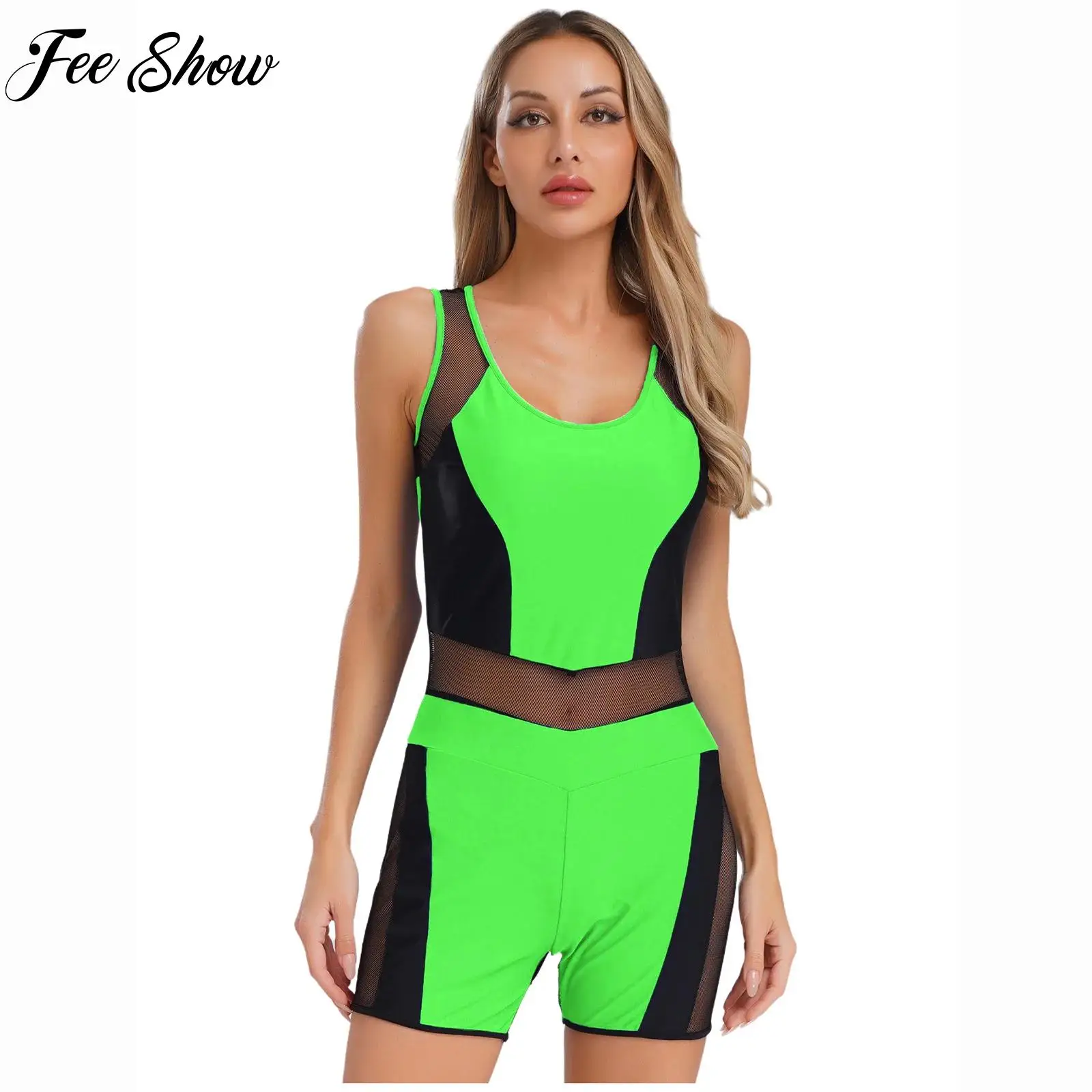 

Sleeveless One-piece Sports Outfit for Women Yoga Gym Workout Costume Jumpsuit Color Block Bodysuit with Removable Chest Pads