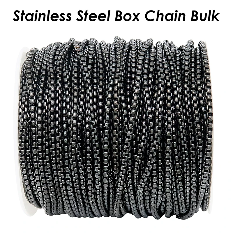 10M Edelstahl-Kastenkette, Gold PVD Schwarz, Anlaufgeschützt, 2mm 3mm 4mm, Großpackung Runde Kastenketten für Halsketten, Armbänder und Schmuckherstellung – Detail 6