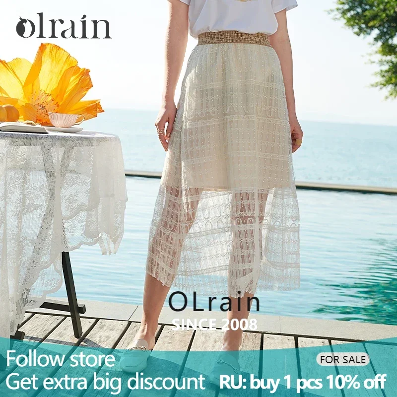 

OLrain Lace A-line Skirt Woman Spring Summer 2025 Holiday Vacation Elegant High Waist Solid Color Mesh Long Skirts O20XB29981