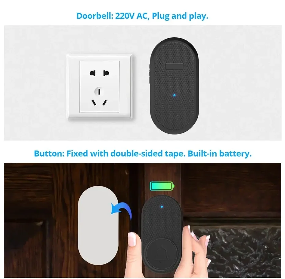 Fuers جرس الباب اللاسلكي 32 أغنية زر مقاوم للماء ترحيب جرس الباب الرنين Smar tLong-Range الرنين مع 2 جهاز استقبال وزرين