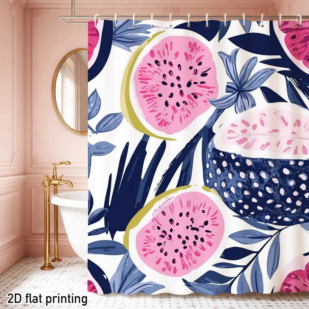 

Tropical Fruit Shower Curtain – Pink Watermelon & Dragonfruit, Navy Leaves, White Base, Polyester, 12 Grommets, Hand Wash