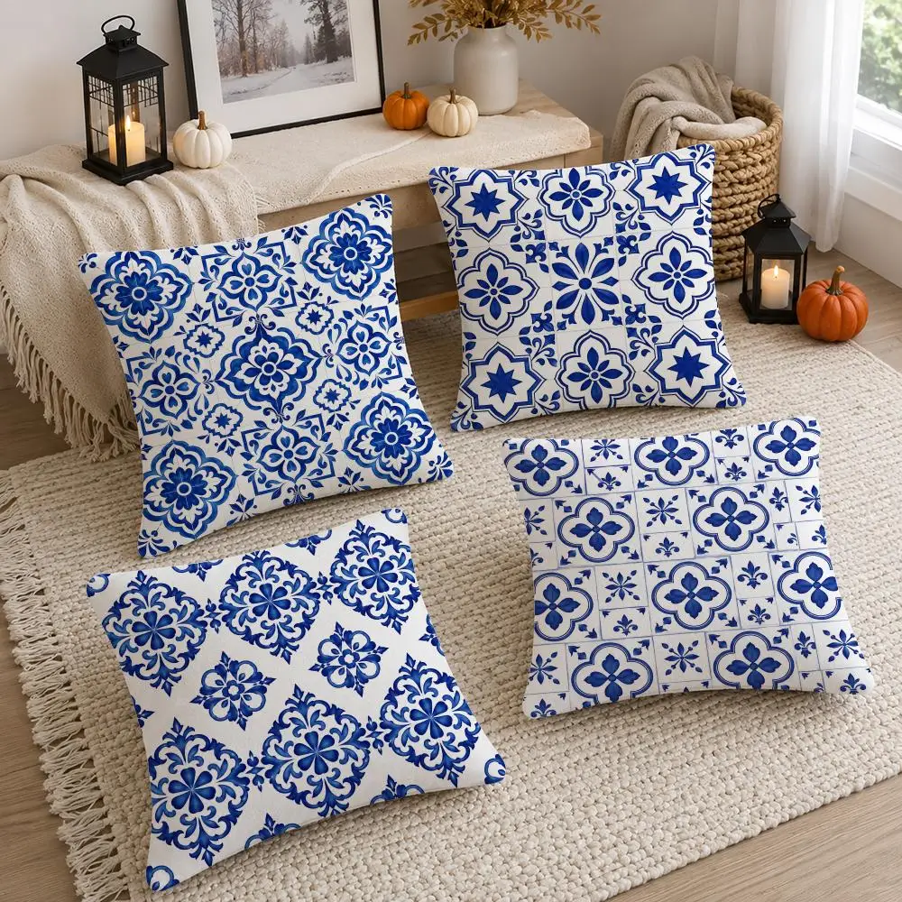 Pattern Azulejo Cushion Cover Soft Fluffy Short Plush  Pillow Case Throw Decorative Cushion Covers for Sofa Bedroom Home Decor