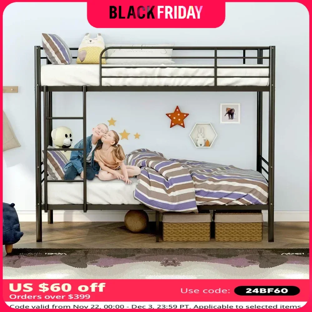 Bunk Beds Twin Over Twin, Twin Bunk Beds with Removable Ladder and Safety Guard Rail, No Box Spring Needed, Bedroom Furniture