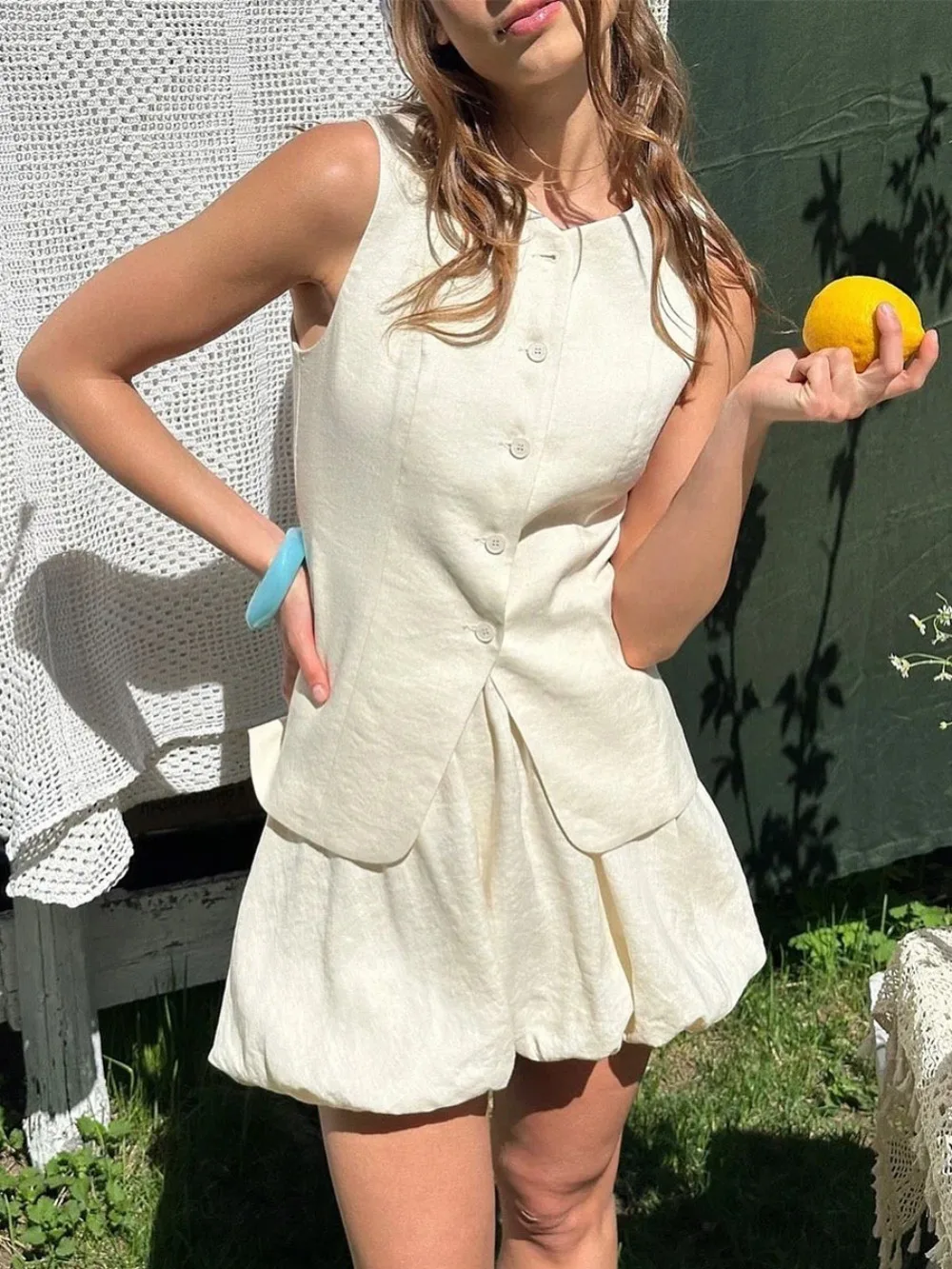 Sweet Cotton Vest Flower Bud Skirt Suit Spring and Summer Women Fashion Slim Fit Soft Single Breasted Top Casual Mini Skirt 2Pcs