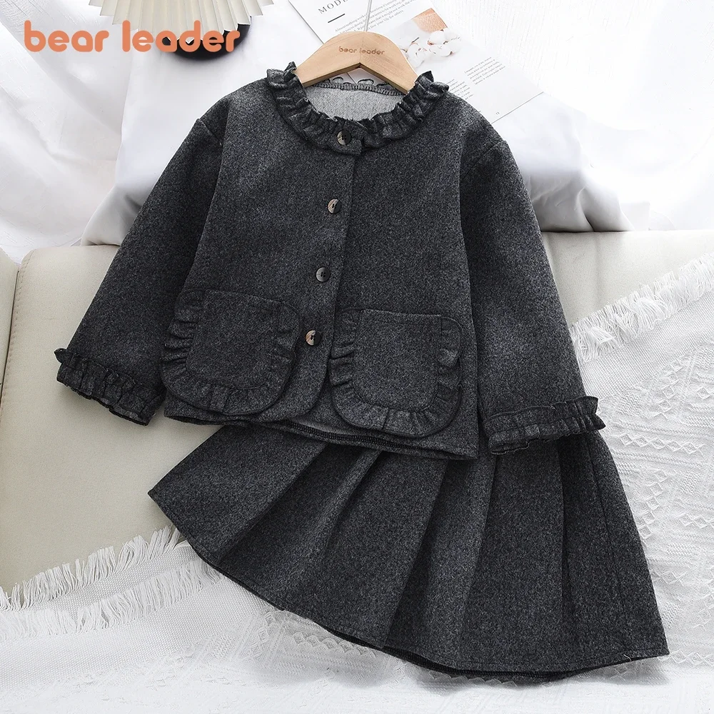 Bär Führer Koreanische Version Grau kinder Set Lange Ärmeln Tasche Jacke + Kurzen Rock Frühling Herbst Einfarbig Mädchen kleidung