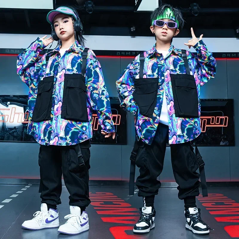 Kids Boys Girls Streetwear Hip Hop Loose Casual Camouflage Cargo Shirt Pants Sets Children Tracksuits Stage Jazz Clothes Costume