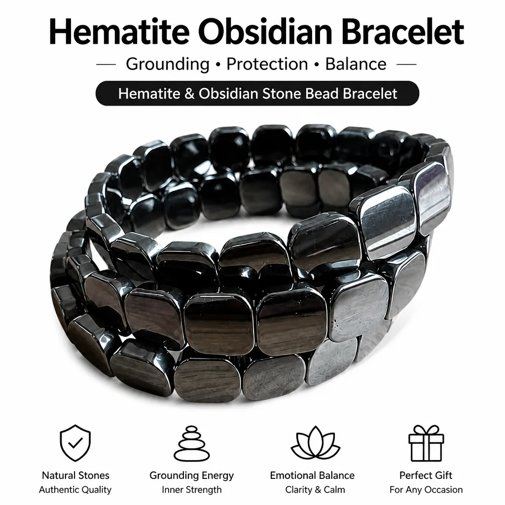Hematite Obsidian Flat Bead Bracelet Men Grounding Protection Healing Crystal Balance Stone Bangle Jewelry Gift