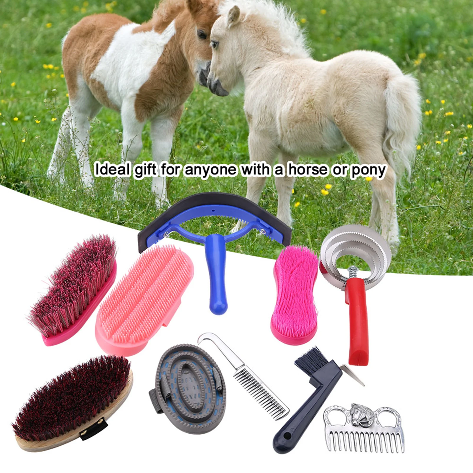 ZK40 10Pcs Horse Grooming Care Kit Equestrain Brush Curry Comb Horse Cleaning Tool Set