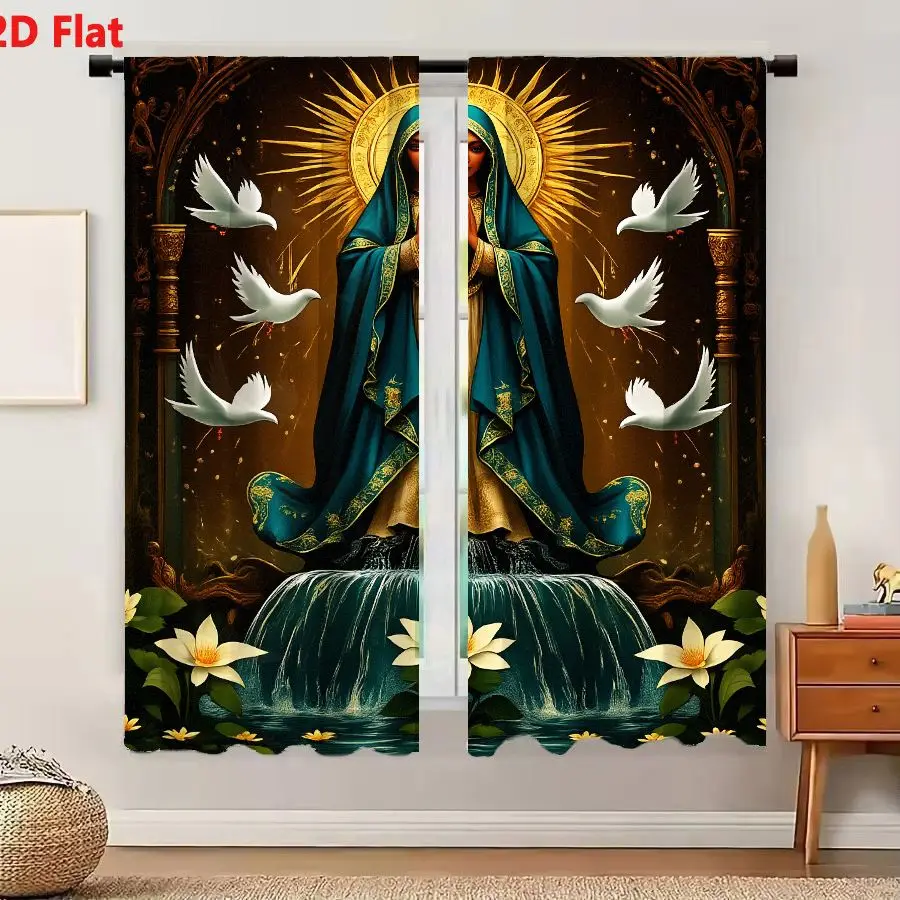 2Pcs Curtains 2D Flat Religious Figure Resembling Virgin Mary In Teal Blue Mantle With Gold Embroidery Standing On Fountain With