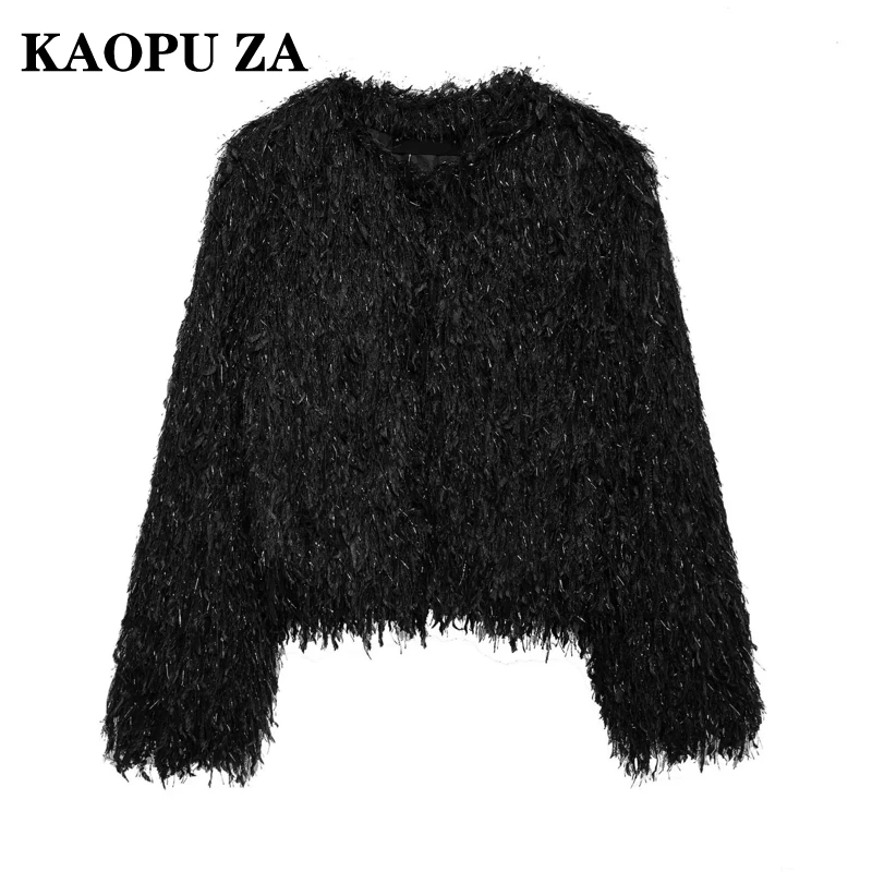 KAOPU ZA Woman's Autumn/Winter Casual O-Collar Single-breasted Solid Color Jacket Female Fashion Faux Fur Long Sleeve Coat Top