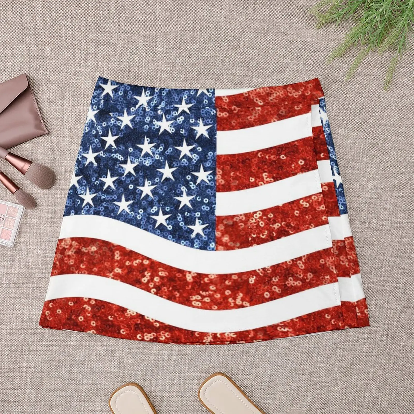 Rok wanita, rok Mini wanita gaya Korea, motif glitter bendera Amerika