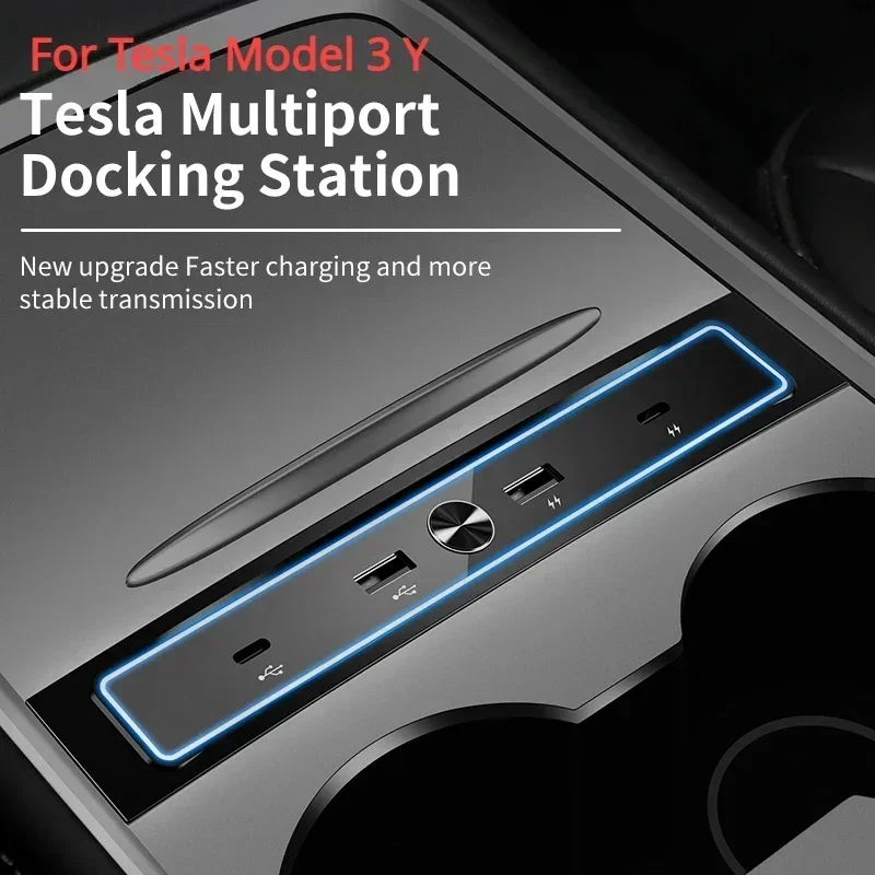 Para tesla modelo 3 y conversor de extensão docking station inteligente usb hub console central adaptador carregador rápido acessórios do carro