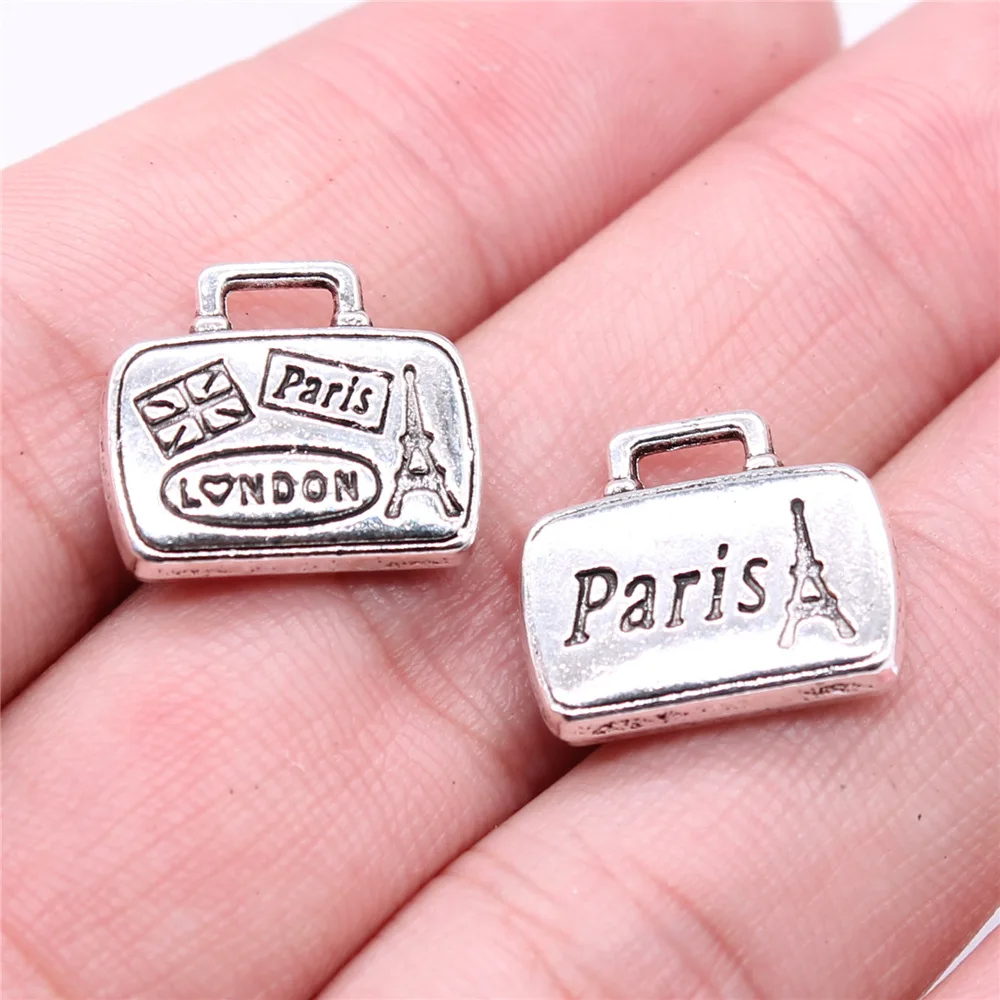 WYSIWYG 5 sztuk 16x14mm antyczne srebro kolor pamiątki turystyczne Paryż Londyn torby bagażowe Charms wisiorek dla DIY tworzenia biżuterii