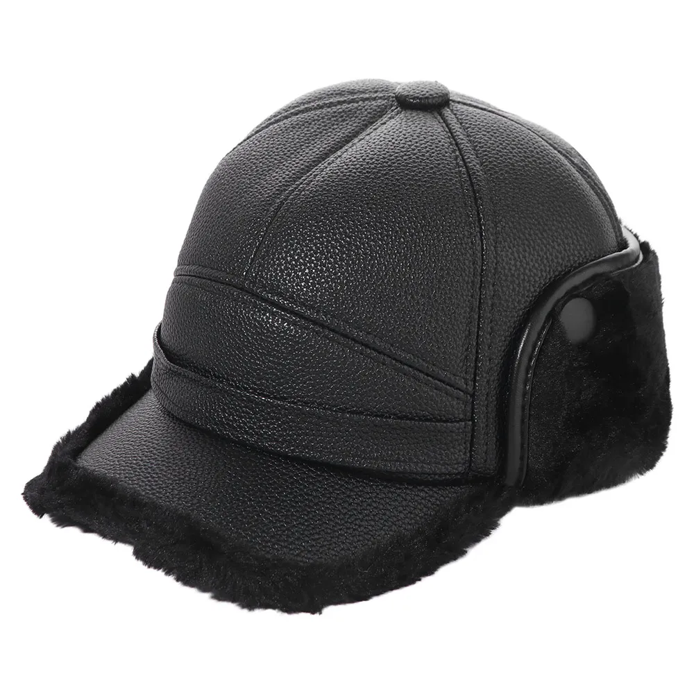 

Fashion PU Leather Men Baseball Cap Plush Keep Warm Ear Protection Hat with Earmuffs Thicken Earflaps Caps Old Men