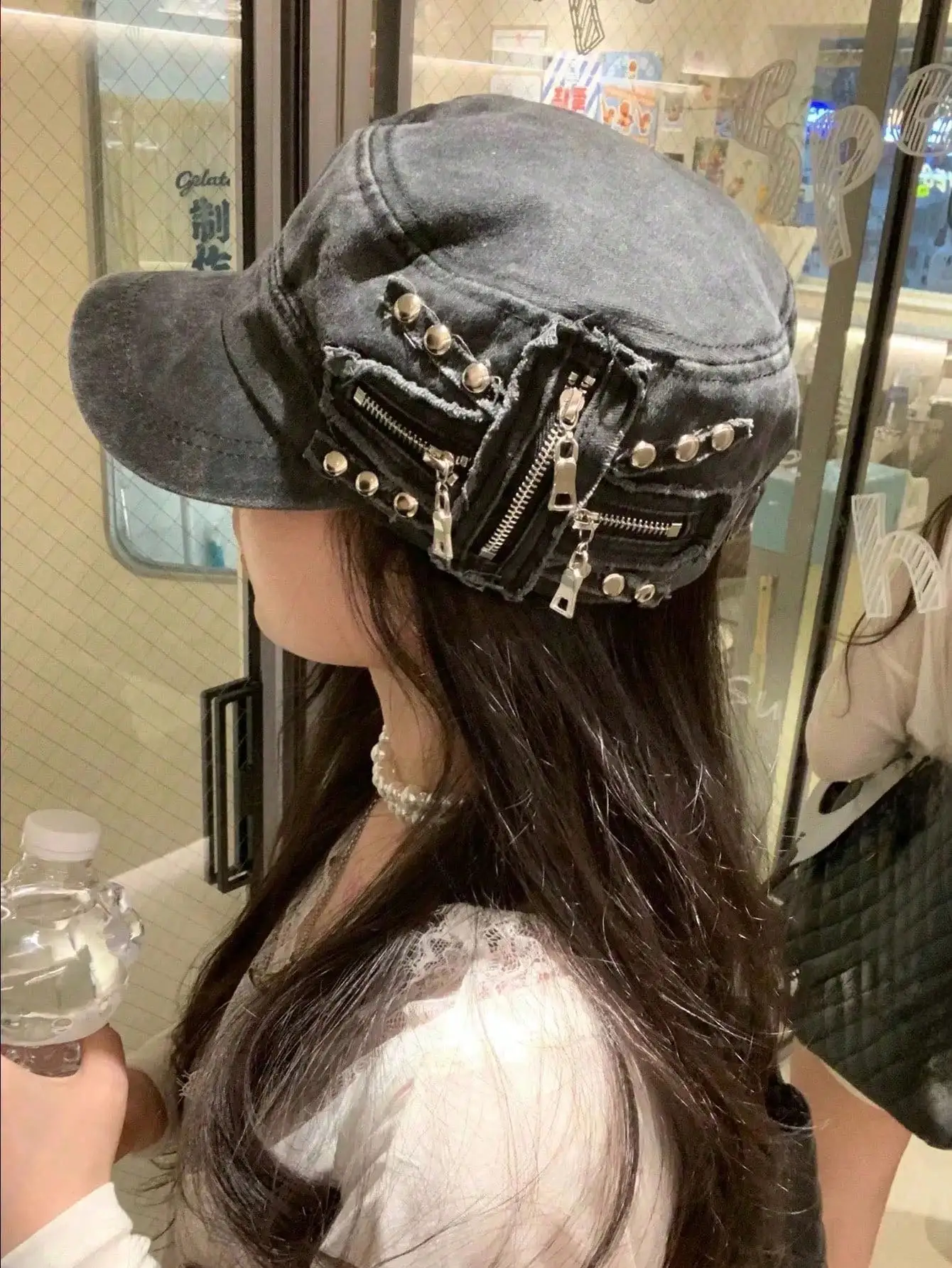 Vintage Rivet Washed Flat Top Street American Baseball Cap Beret Hat Face-Slimming Textured Fabric School