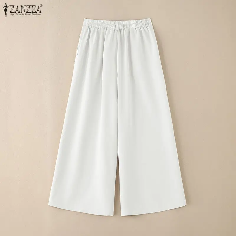 ミニマリスト白ワイドレッグパンツ女性カジュアルデイリー弾性ウエスト無地ルーズパンツ夏パラッツォ ZANZEA 女性服