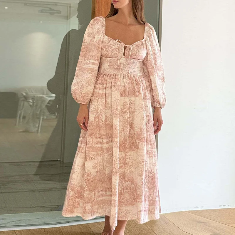 

Female Chic Half Sleeve Long Dress 2025 Floral Print Square Collar Beach Dress Women Spring New Tie-up High Waist A-Line Dress