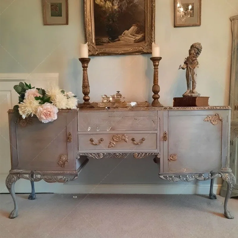 French retro solid wood carving flower porch cabinet small apartment living room decorative cabinet household wall locker