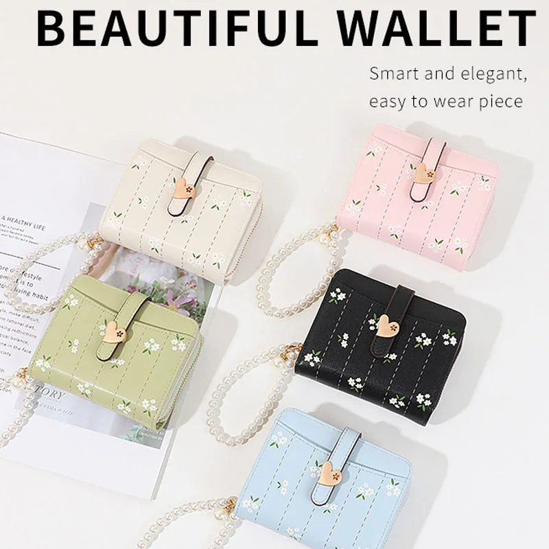 Cute Floral Print Mini Wallet for Women, PU Leather Small Bifold Purse with Pearl Wrist Strap, Heart Snap Multi Card Slots Coin