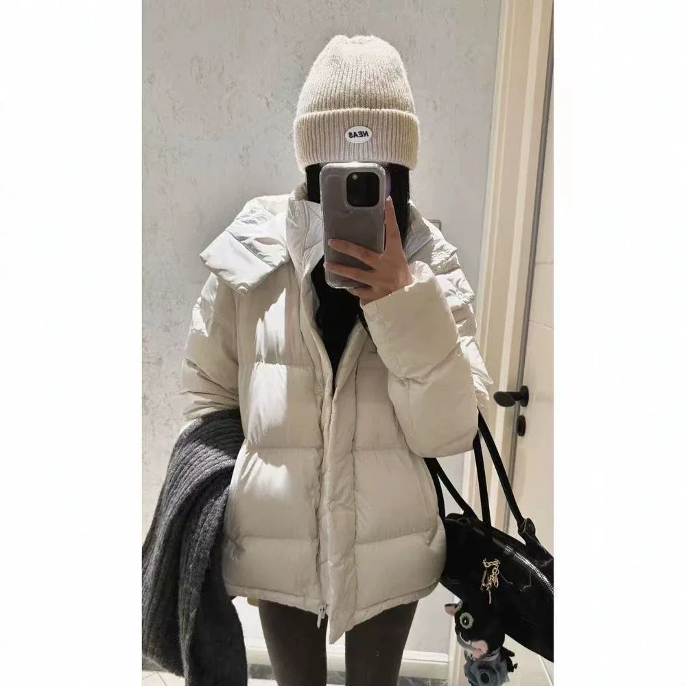 Winter Puff Warm Hooded Loose Down Jacket Female Fluffy Thicken Zipper Windproof Jackets Women White Duck Down Parker Outwears