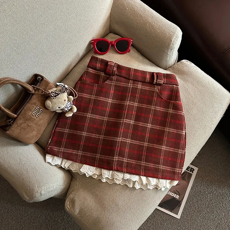 Minifaldas a cuadros de retales de encaje para mujer, faldas de lana sintética sin cinturón de cintura alta para otoño e invierno, moda Preppy Y2K, falda acampanada que combina con todo