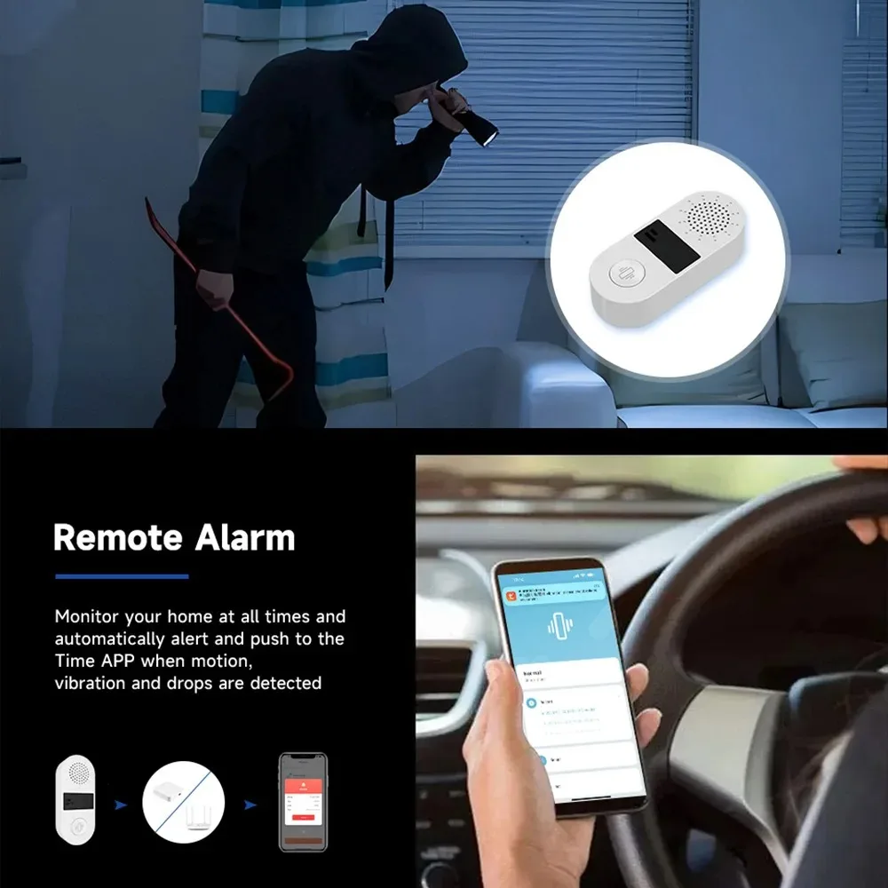เซ็นเซอร์สั่นสะเทือน Tuya WiFi - สัญญาณเตือนเสียงและไฟกระพริบ 130 เดซิเบล, ตรวจจับแรงกระแทกแบบเรียลไทม์, แอป Smart Life + ควบคุมด้วย Alexa/Google Home