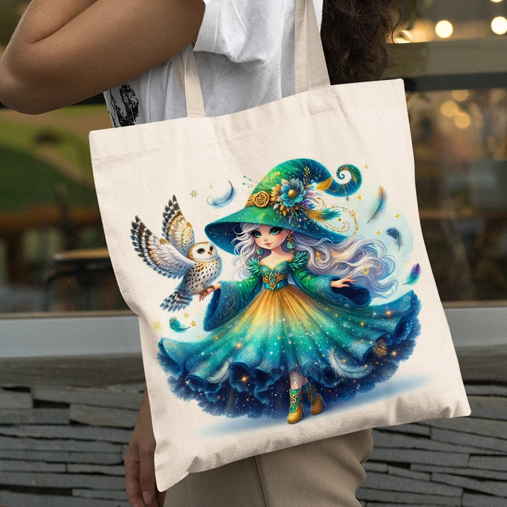 

Witches and Owl Girl Reusable Eco Shopping Bag Shoulder Tote Women Handbag Double Print Cartoon Lady Big Capacity Shopper Bags