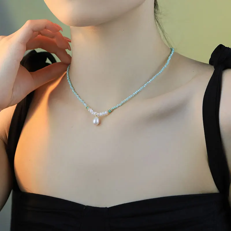 

Green Glass Choker White Freshwater Pearl Pendant Necklace for Women Luxury Fashion Charm Collar Beads Necklaces Jewelry Gifts