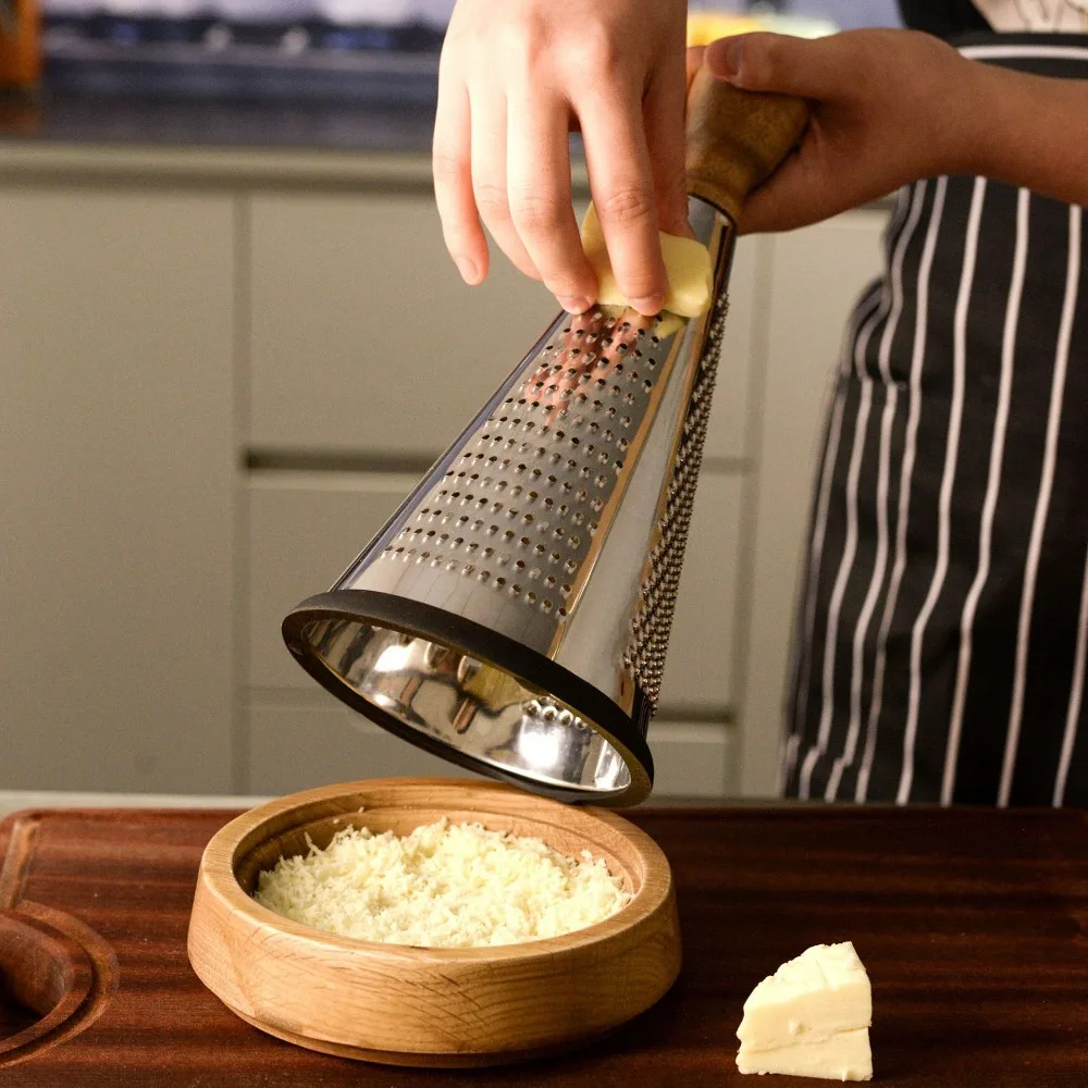 Manual Cone Cheese Grater Stainless Steel Three-sided Scraper Cheese Zester Wood Handle Vertical Garlic Grater Lemon