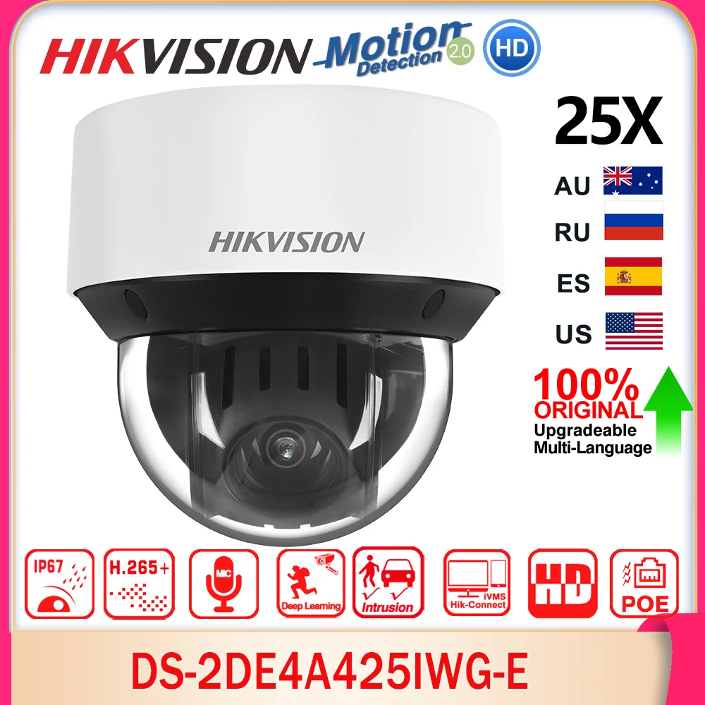 

Hikvision DS-2DE4A425IWG-E Original 4inch 4MP 25X 50m DarkFighter Auto-tracking Speed PTZ Deep Learning Audio&Alarm I/O SD Slot